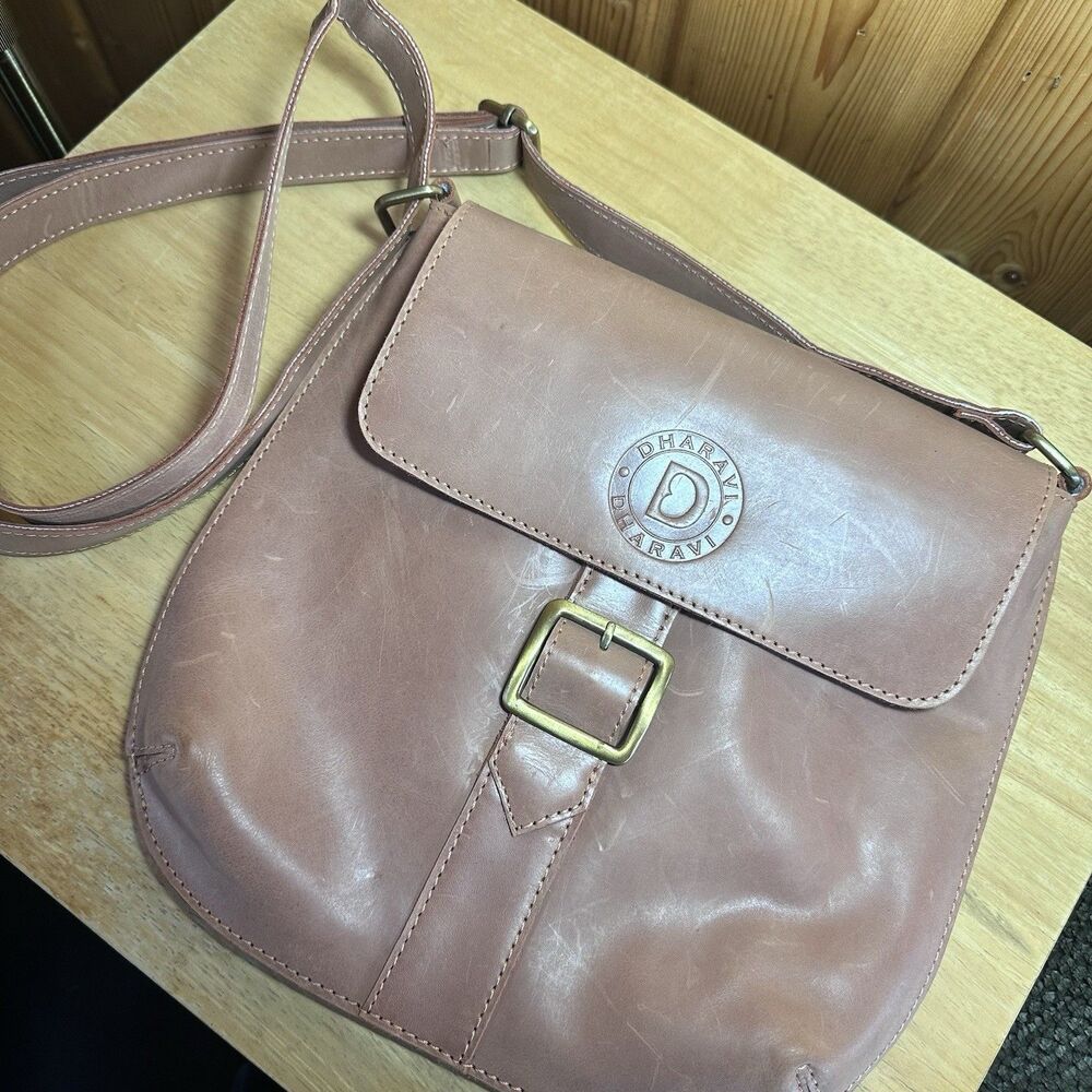 Dharavi Leather Crossbody Bag Mauve Taupe Buckle Flap Saddle Style